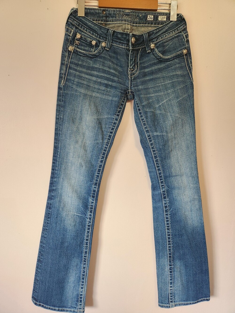 Miss Me Y2K Embellished Cross Fleur De Lis Flap Pocket Bootcut Jeans Size 26